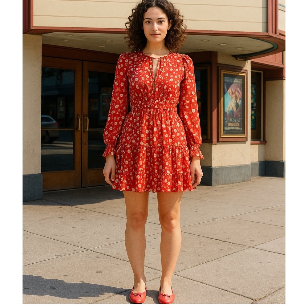 The Kooples Red Floral Long Sleeve Ruffle Mini Dress – Size 1 (S/US 4)
